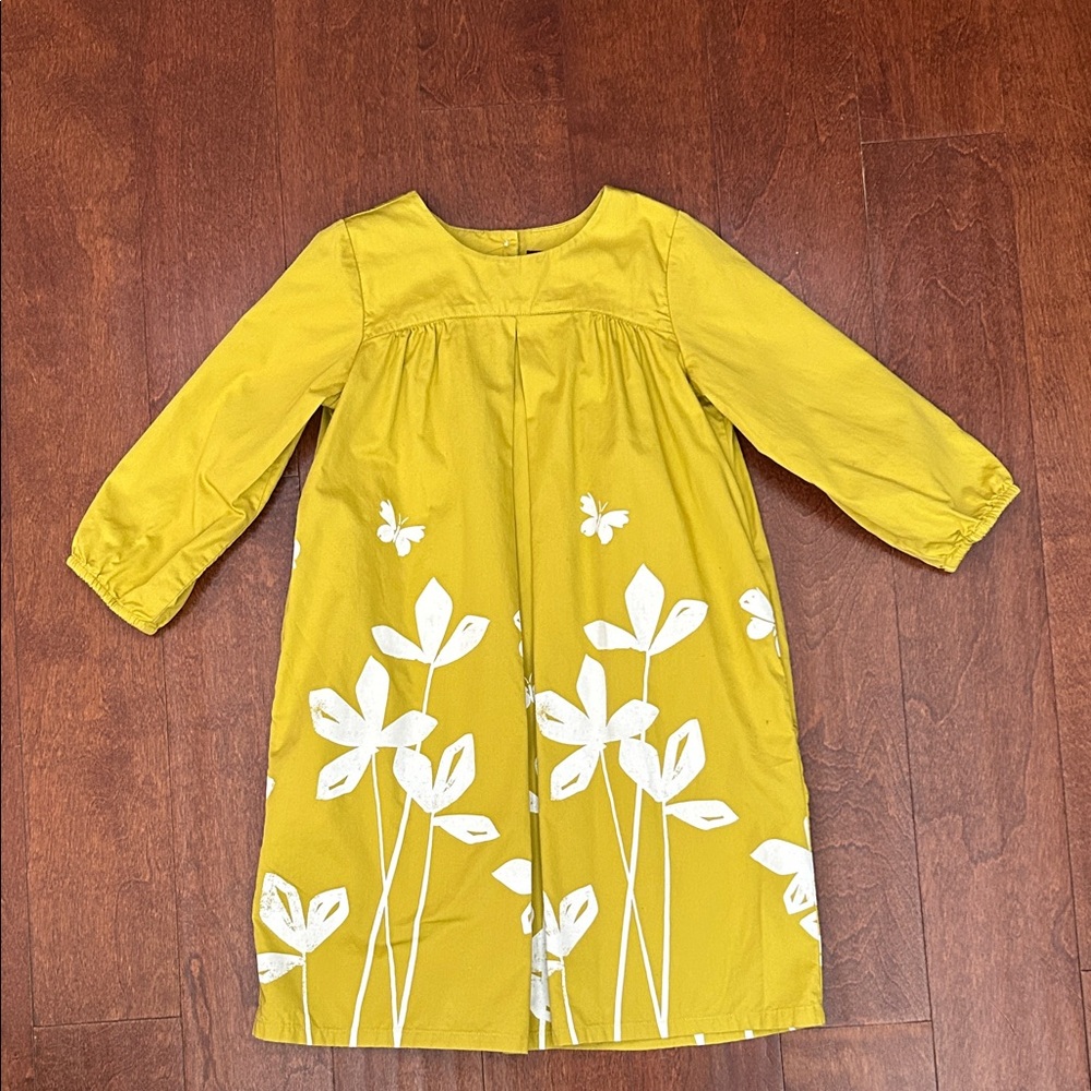 Tea Girls' Mustard Yellow Floral-Print Long Sleeve Dress, Size 7